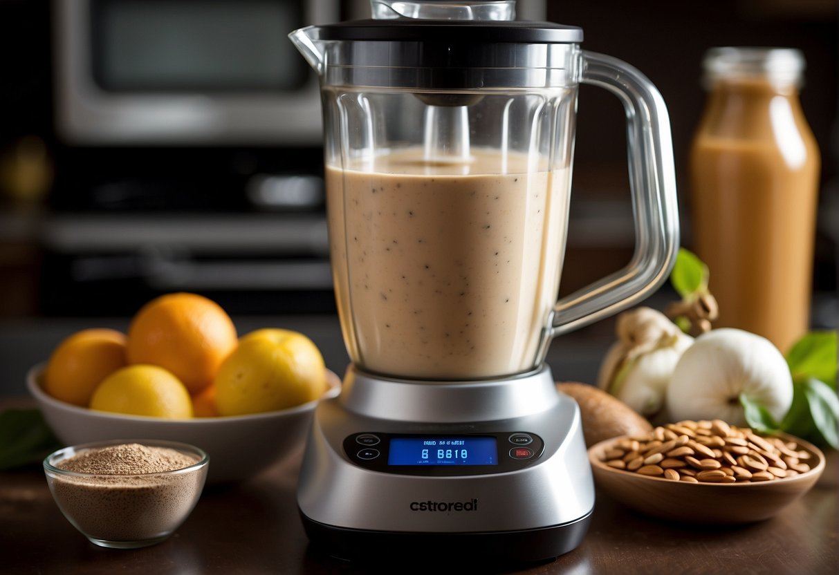 A blender whirs as ingredients like Greek yogurt, almond milk, protein powder, and fruits are added. A scoop of chia seeds and a dollop of nut butter are mixed in, creating a creamy, high-protein smoothie
