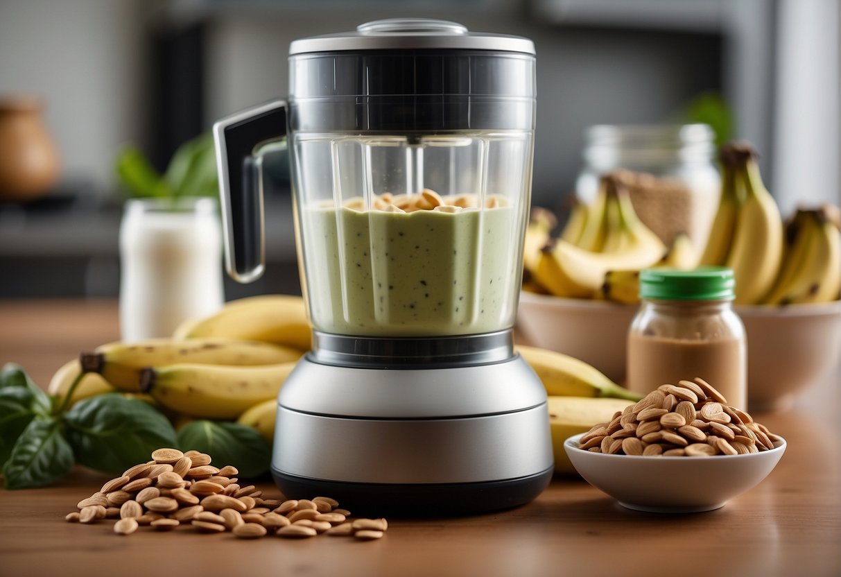 A blender filled with ingredients like Greek yogurt, almond milk, bananas, and protein powder. A scoop of peanut butter and a handful of spinach added. Blend until smooth