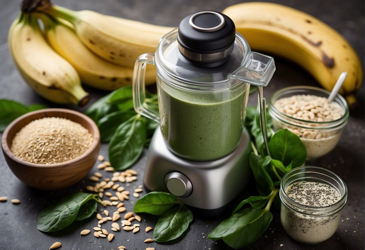 A blender filled with spinach, banana, protein powder, almond milk, and chia seeds. Ingredients scattered around. Text reads "Enhancing Flavor and Nutrition: High Protein Smoothie"