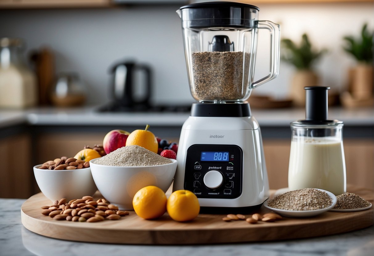 A blender filled with protein powder, Greek yogurt, almond milk, and various fruits and nuts. Bowls of chia seeds, flaxseeds, and hemp hearts on the countertop