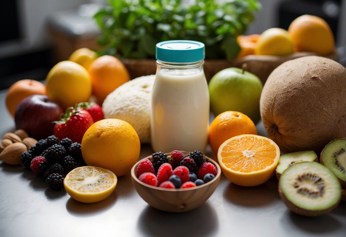 Fresh fruits and vegetables, protein powder, and almond milk on a kitchen counter. Blender lid off, ingredients ready to be blended