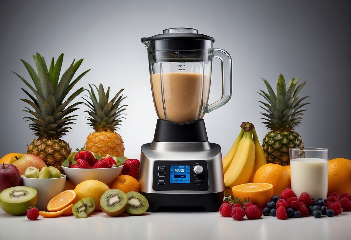 A blender surrounded by ingredients like protein powder, yogurt, fruit, and milk. A recipe book open to a smoothie page nearby