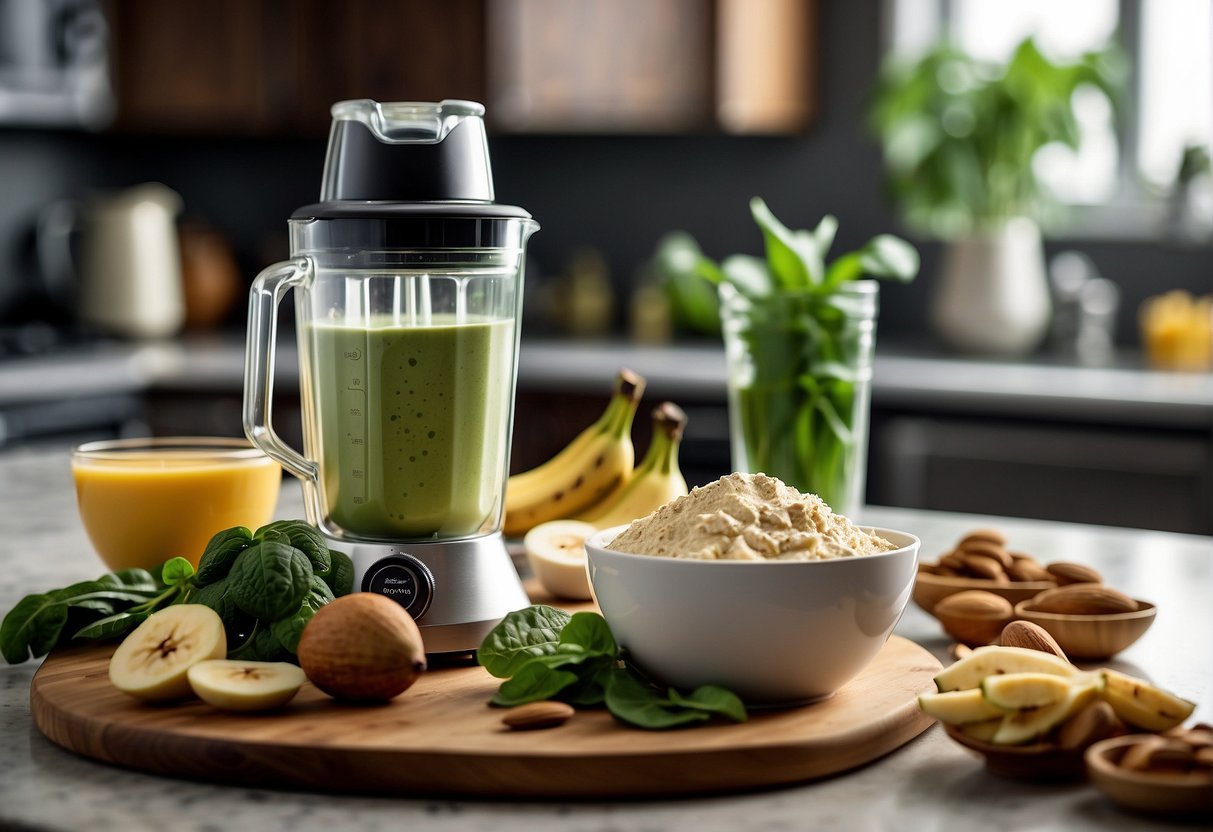 A blender with ingredients: protein powder, Greek yogurt, almond milk, banana, and spinach on a kitchen counter