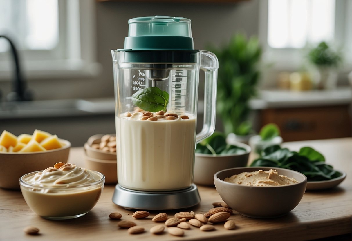 A blender whirs as it mixes yogurt, almond milk, and protein powder with a handful of spinach and a scoop of peanut butter