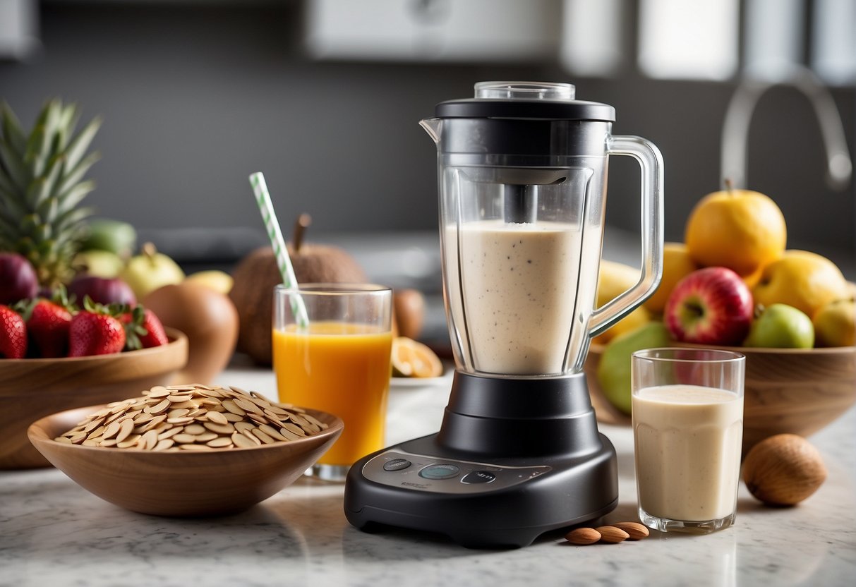 A blender surrounded by various ingredients like protein powder, Greek yogurt, almond milk, and fruits, with a measuring cup and a recipe book open to a smoothie recipe