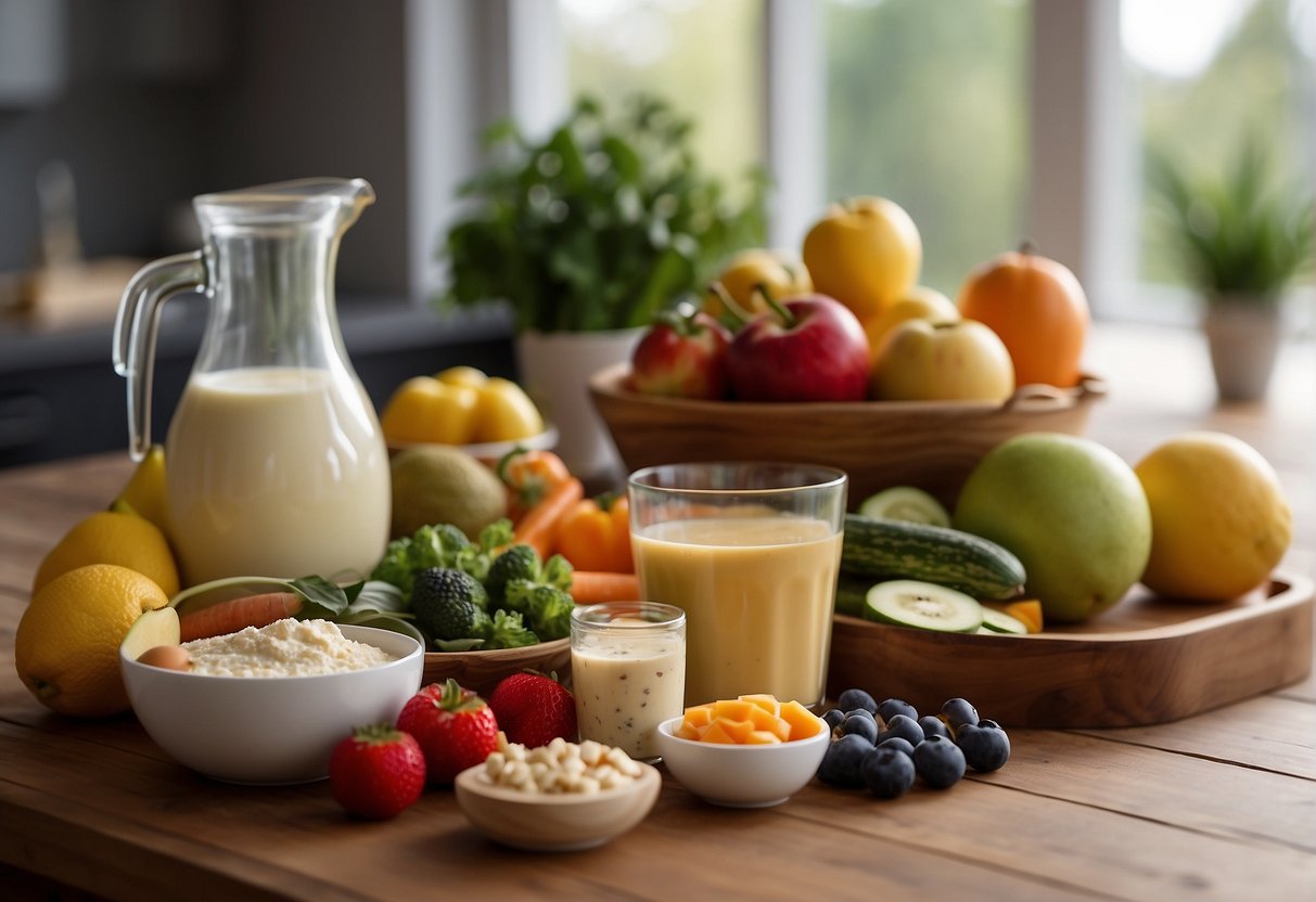 A table with various fruits, vegetables, and dairy products. A blender and measuring cups are nearby. A breastfeeding mom's nutritional guide is open