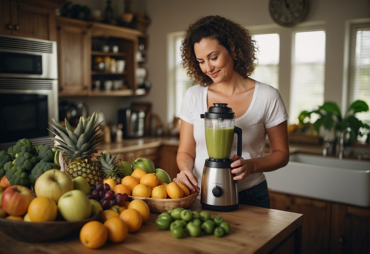 A breastfeeding mother holding a smoothie surrounded by fruits, vegetables, and a blender on the kitchen counter