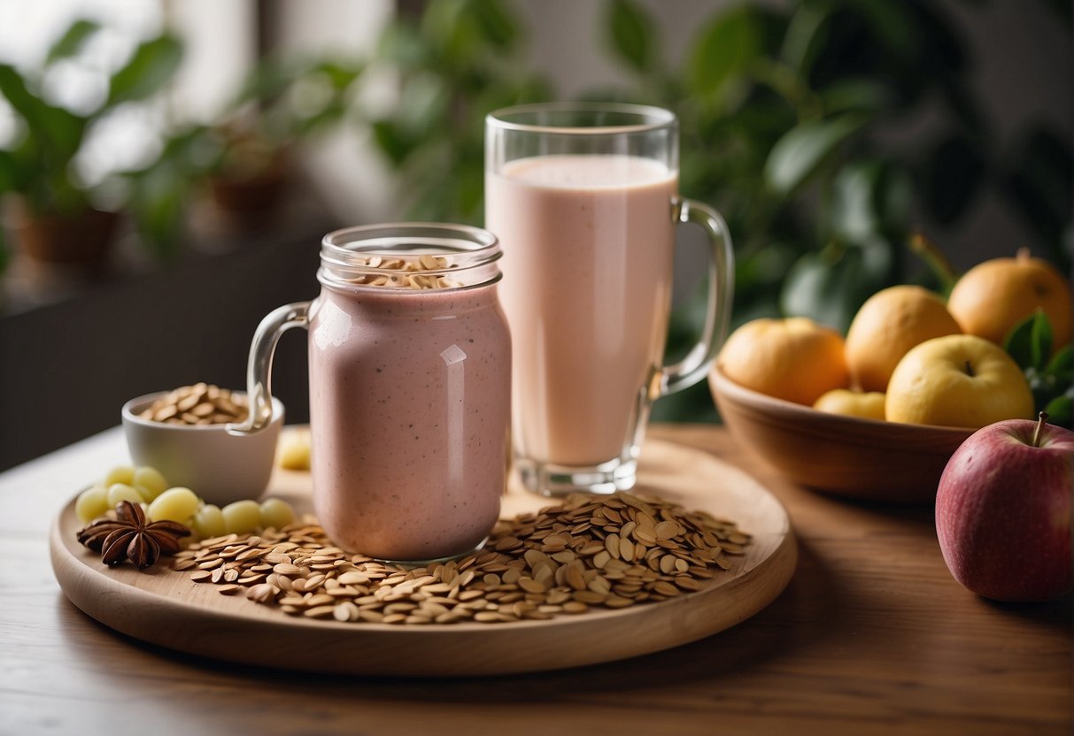 A table with fresh fruits, oats, flaxseeds, and almond milk. A blender and a glass filled with a creamy pink smoothie
