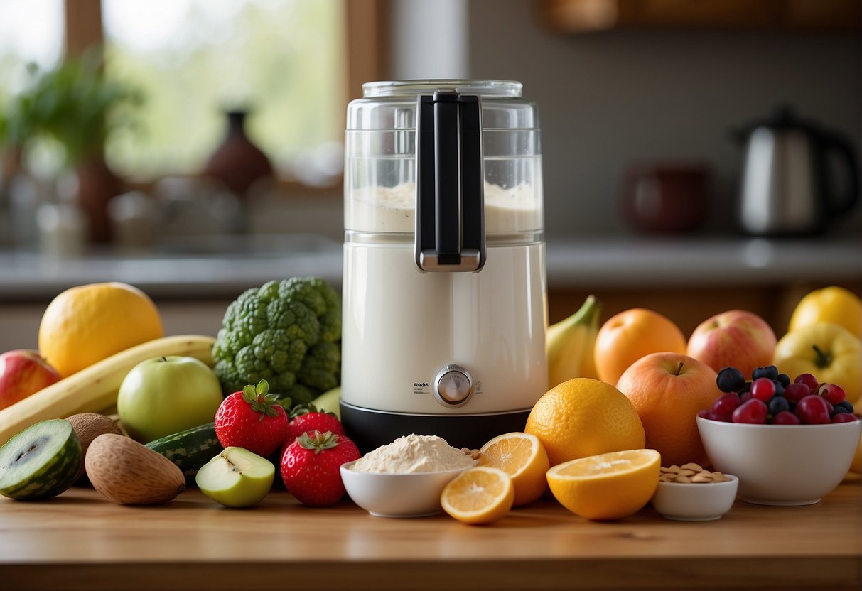 A colorful array of fresh fruits and vegetables, a blender, a measuring cup of almond milk, and a scoop of protein powder on a kitchen counter