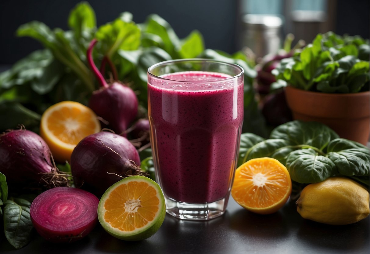 A glass of vibrant beet smoothie surrounded by fresh beets, spinach, and other colorful fruits and vegetables, with a glowing, healthy skin in the background