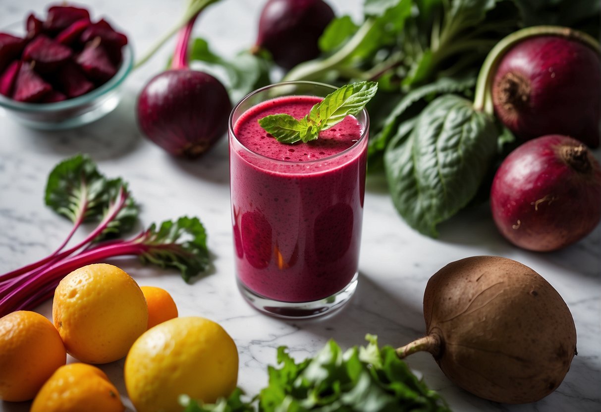 A vibrant beet smoothie sits on a marble countertop, surrounded by fresh beets, leafy greens, and a variety of colorful fruits