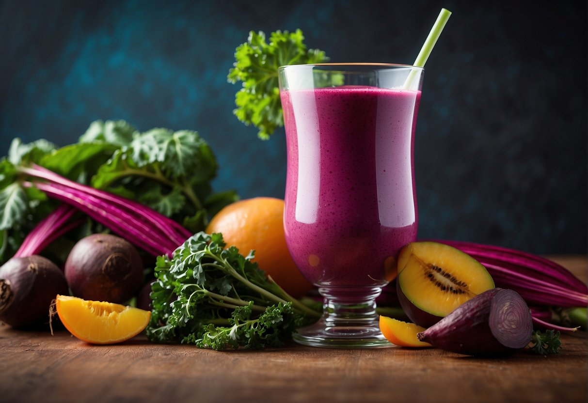A glass of vibrant beet smoothie surrounded by fresh beets, kale, and other colorful fruits and vegetables, with a radiant glow emanating from the glass