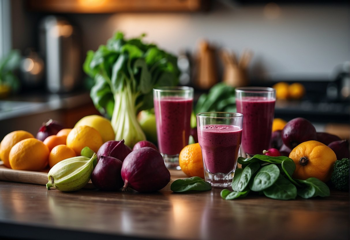 A glass of beet smoothie surrounded by fresh beets, spinach, and other colorful fruits and vegetables on a kitchen counter