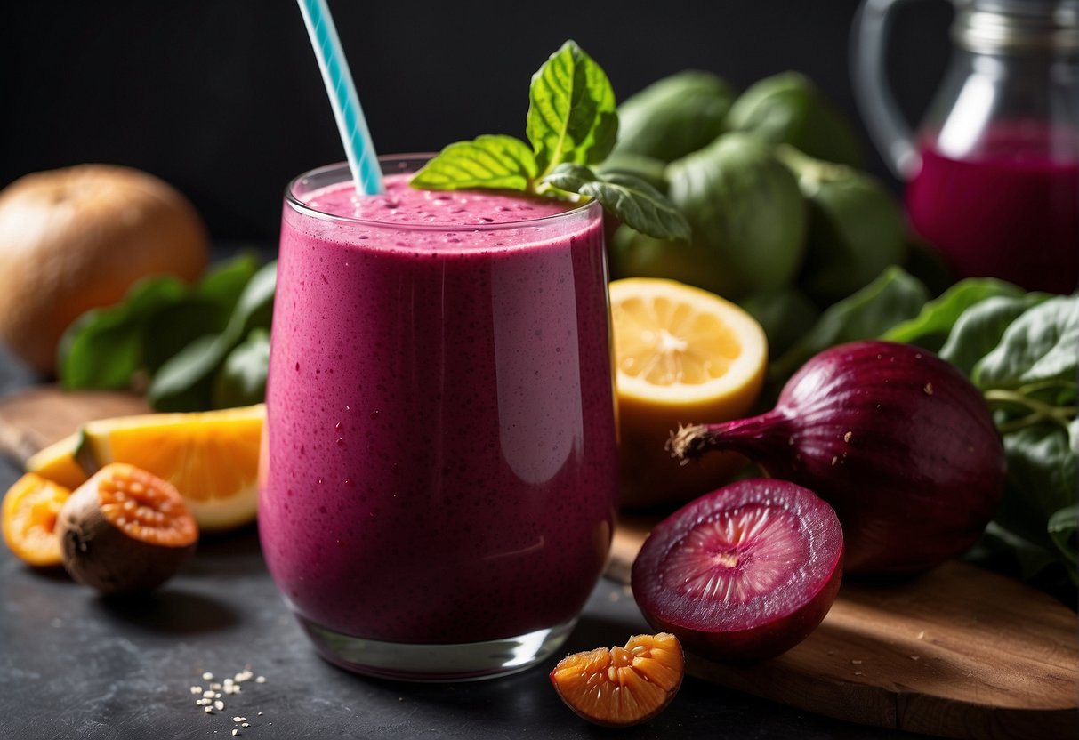 A vibrant beet smoothie surrounded by fresh ingredients, radiating a healthy glow
