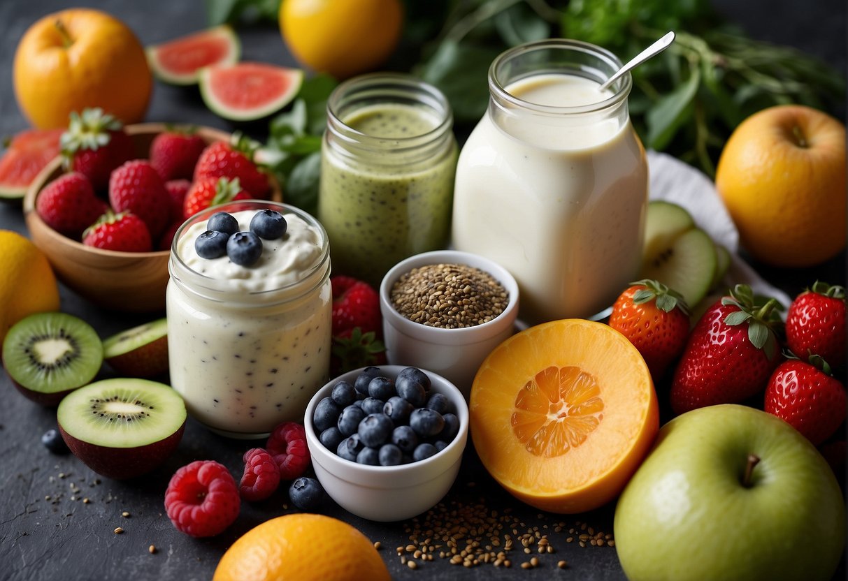 A colorful array of fruits and vegetables, surrounded by probiotic-rich yogurt and kefir, with a sprinkle of chia seeds and flaxseeds, all blending together in a vibrant smoothie