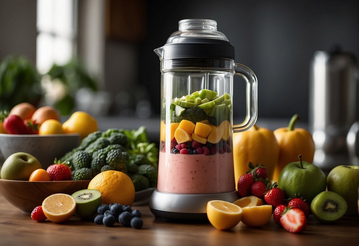 A colorful array of fruits and vegetables being blended into a smoothie, with a focus on ingredients known for promoting gut health