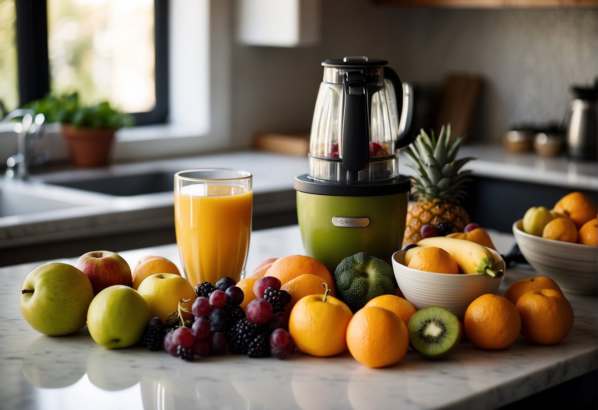 A colorful array of fruits, vegetables, and liquids laid out on a kitchen counter, with a blender in the center ready to create the perfect hangover smoothie