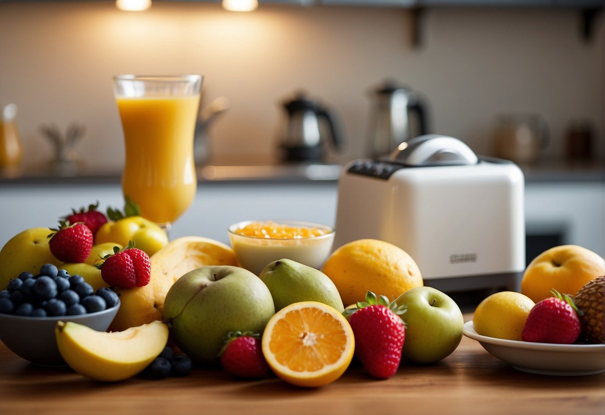A colorful array of fresh fruits, yogurt, and honey arranged on a kitchen counter, with a blender ready to create the perfect hangover smoothie