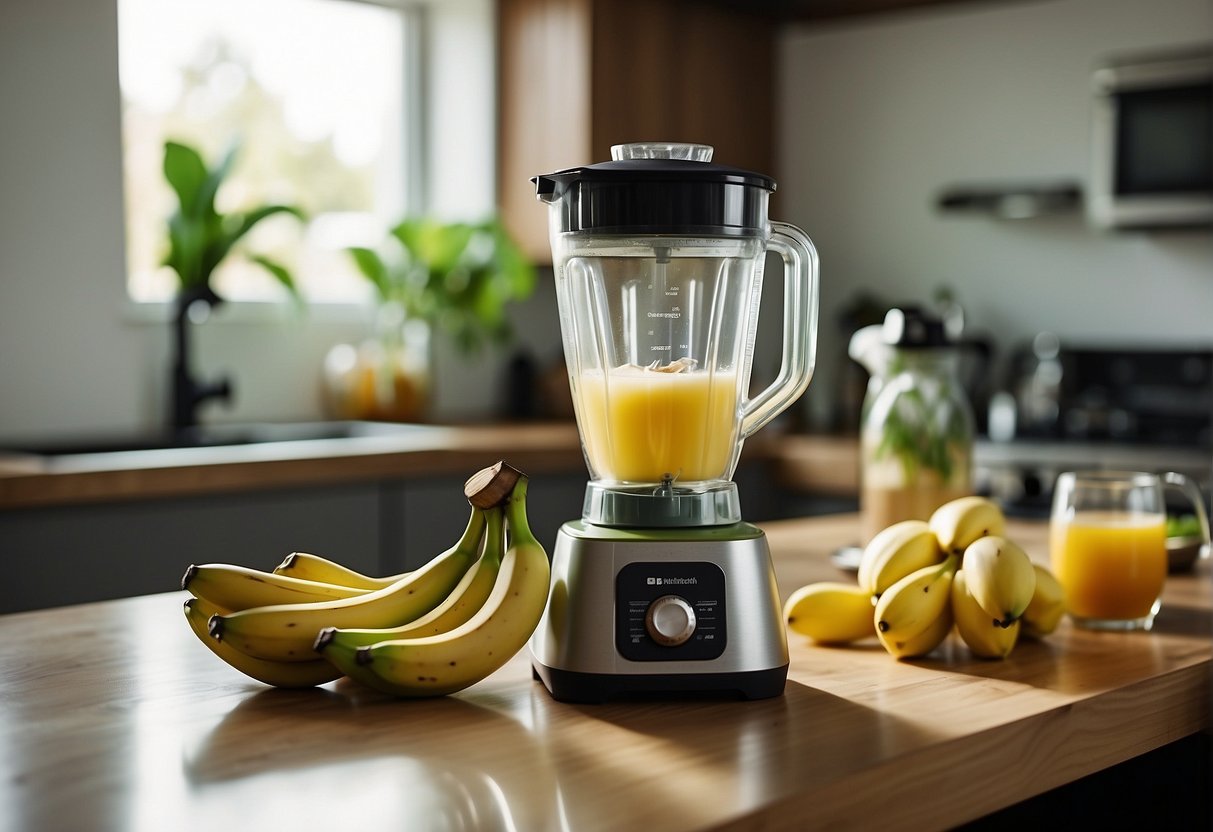 A blender filled with bananas, berries, and coconut water sits on a kitchen counter. A bottle of honey and a bag of spinach are nearby
