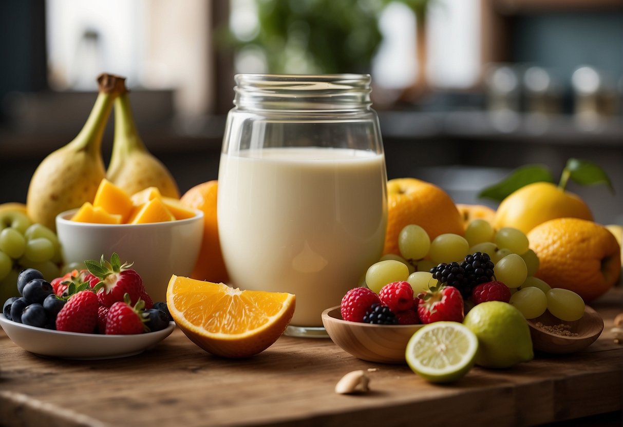 A table with a variety of fruits, yogurt, honey, and ginger. A blender and glass ready for mixing