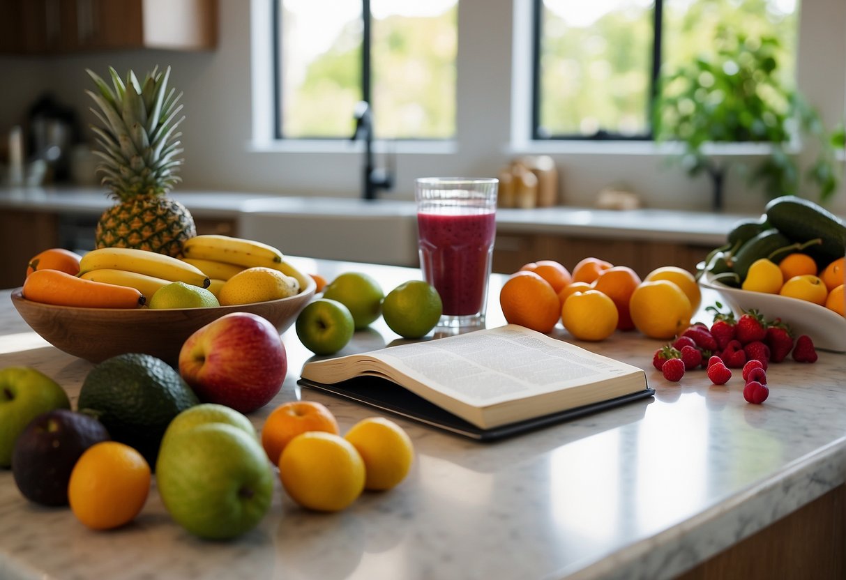 Fresh fruits, vegetables, and a blender on a clean kitchen counter. A recipe book open to a page titled "Practical Tips for Smoothie Preparation."