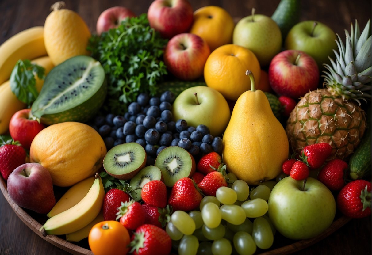 A colorful array of fresh fruits and vegetables arranged around a glowing, healthy baby in the womb. Text reads "Frequently Asked Questions: Best Smoothies for Fetal Development."