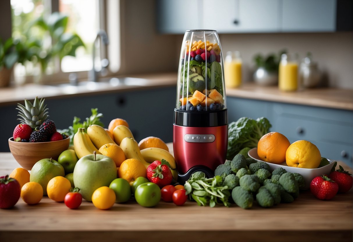 A colorful array of fresh fruits and vegetables arranged on a kitchen counter, with a blender and a glass filled with a vibrant smoothie