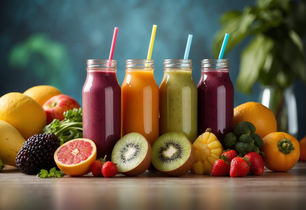 A colorful array of fresh fruits and vegetables, alongside a variety of nutritious beverages, are displayed on a vibrant backdrop, highlighting the importance of hydration and healthy smoothie choices for fetal development