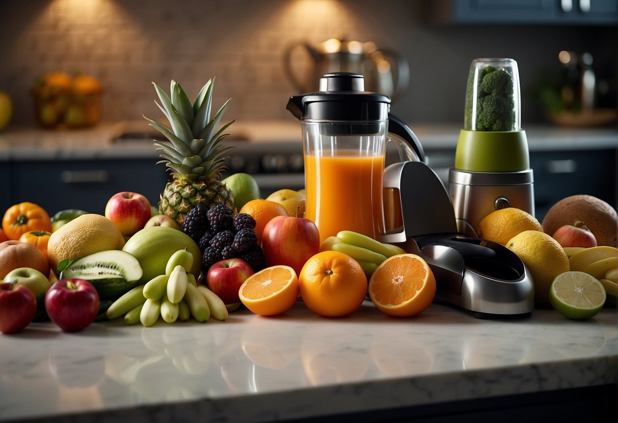 A colorful array of fresh fruits and vegetables, a blender, and a variety of nutrient-rich ingredients laid out on a kitchen counter