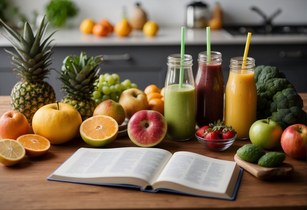A table with various fruits, vegetables, and a blender. A book titled "Frequently Asked Questions: Best Smoothies for First Trimester" is open