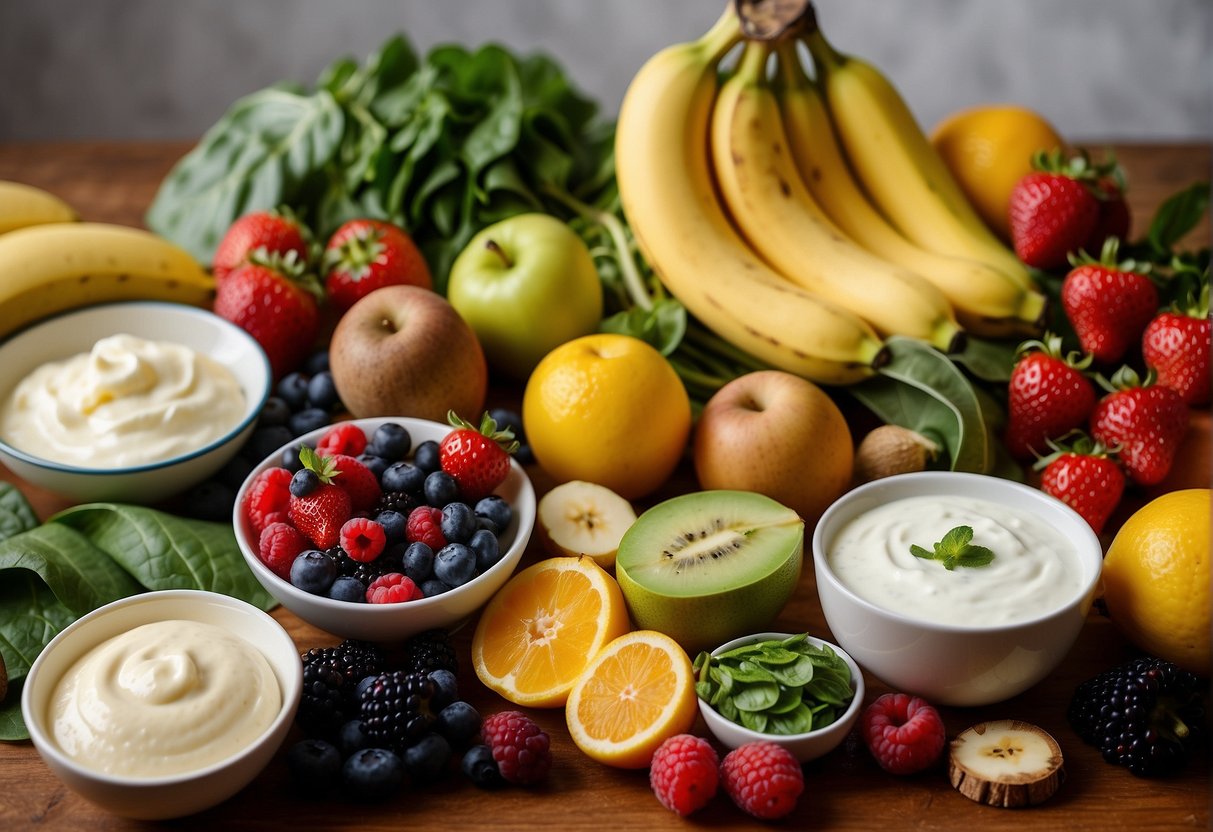 A variety of fresh fruits, vegetables, and dairy products arranged on a kitchen counter, including bananas, spinach, yogurt, and berries