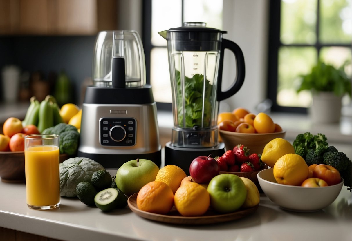A colorful array of fresh fruits and vegetables, a blender, and a book on pregnancy nutrition sit on a kitchen counter