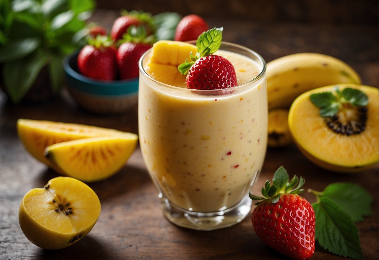A colorful array of fresh seasonal fruits, including strawberries, mangoes, and bananas, are being blended into a vibrant smoothie. A sprinkle of herbs and a drizzle of honey add the finishing touch
