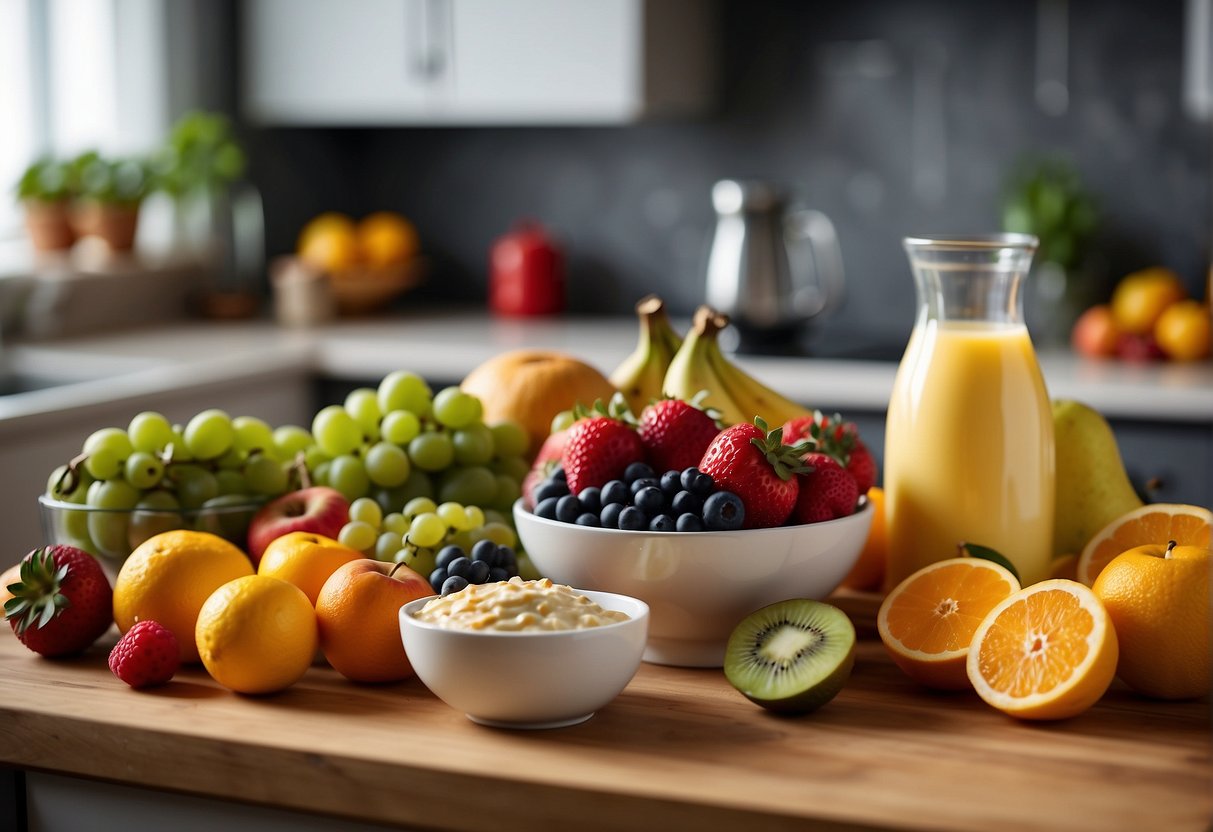A colorful array of fresh seasonal fruits arranged on a kitchen counter, surrounded by a blender, cutting board, and various containers of yogurt and juice