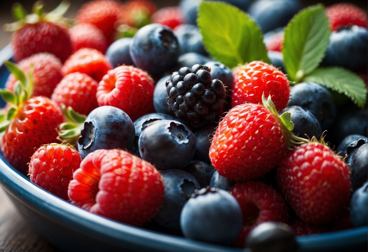 Blueberries surrounded by raspberries, blackberries, and strawberries. A variety of fruits arranged in a colorful display