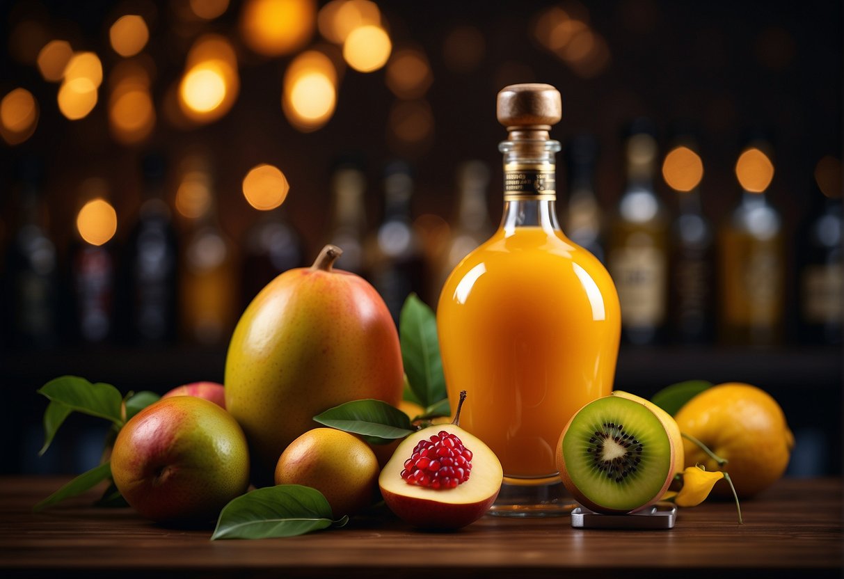 A vibrant mango surrounded by assorted fruits and bottles of alcohol