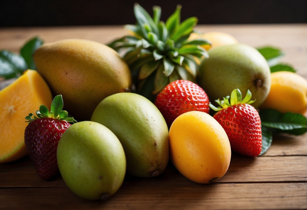 A ripe mango surrounded by a variety of colorful fruits, such as strawberries, pineapple, and kiwi, arranged in an appealing display