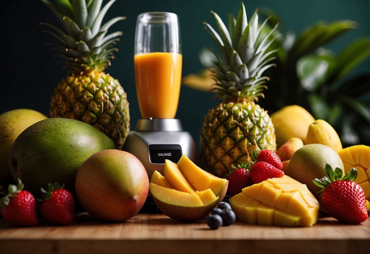 A ripe mango sits on a cutting board surrounded by various fruits such as strawberries, pineapple, and kiwi. A blender is in the background, ready to create the perfect mango blend