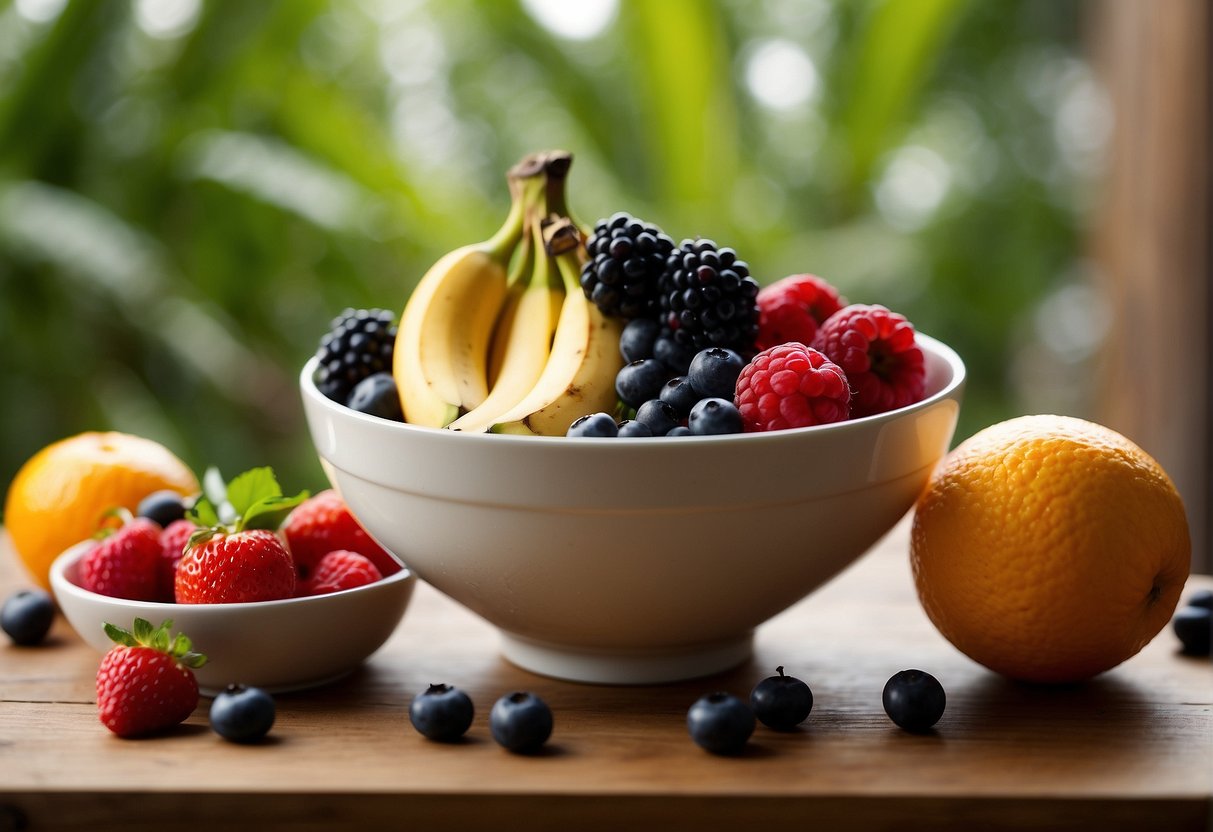 A bowl of fresh bananas, oranges, and berries sits on a wooden table, ready to be mixed into a refreshing citrus and berry blend