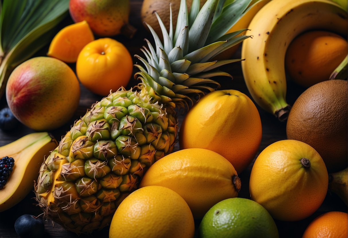 A vibrant array of tropical fruits surrounds a ripe banana, including mango, pineapple, coconut, and papaya