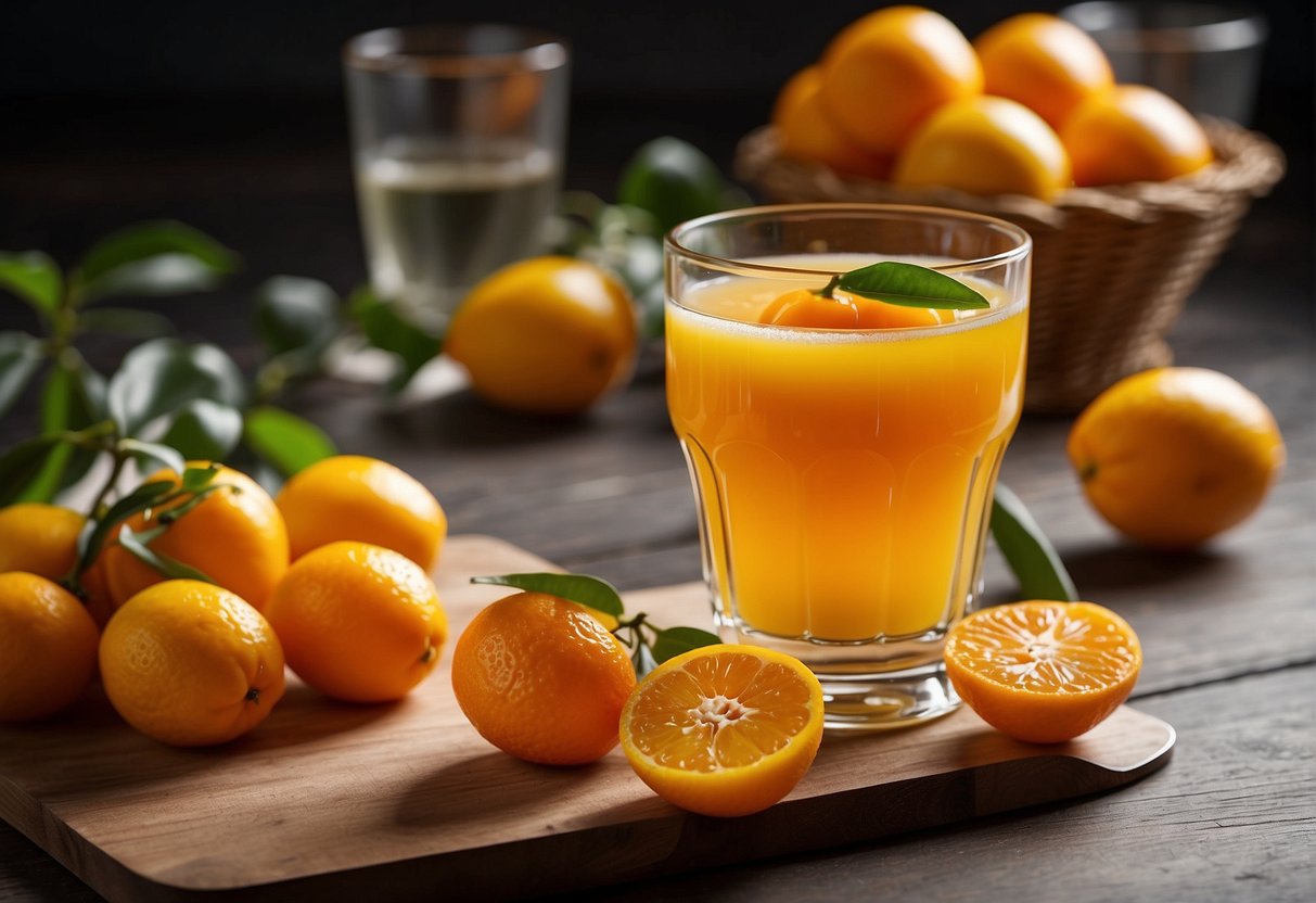 A glass of kumquat juice surrounded by fresh kumquats and a measuring cup displaying the nutritional content and caloric value