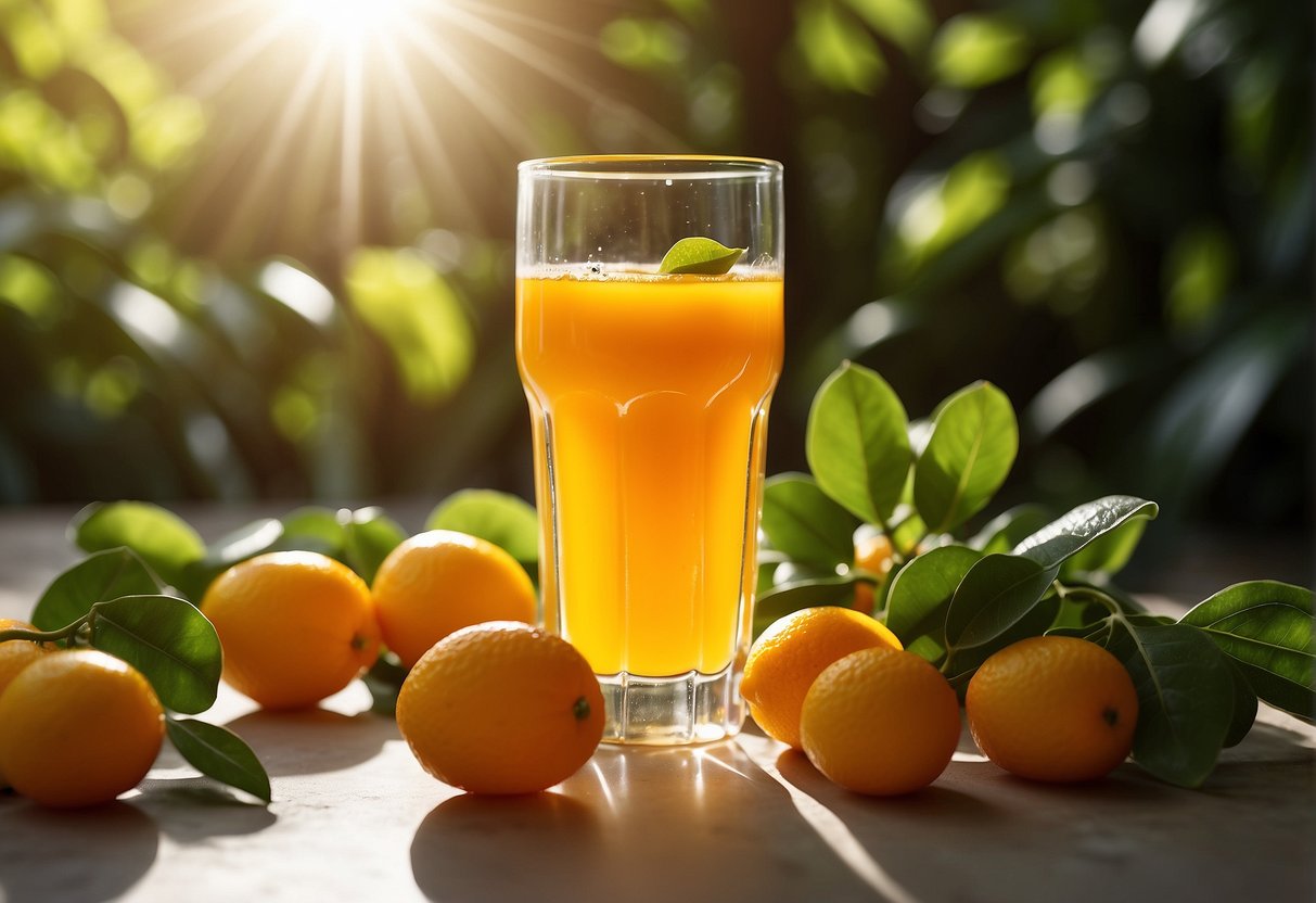 A glass of kumquat juice surrounded by fresh kumquats and green leaves, with rays of sunlight shining down on the scene