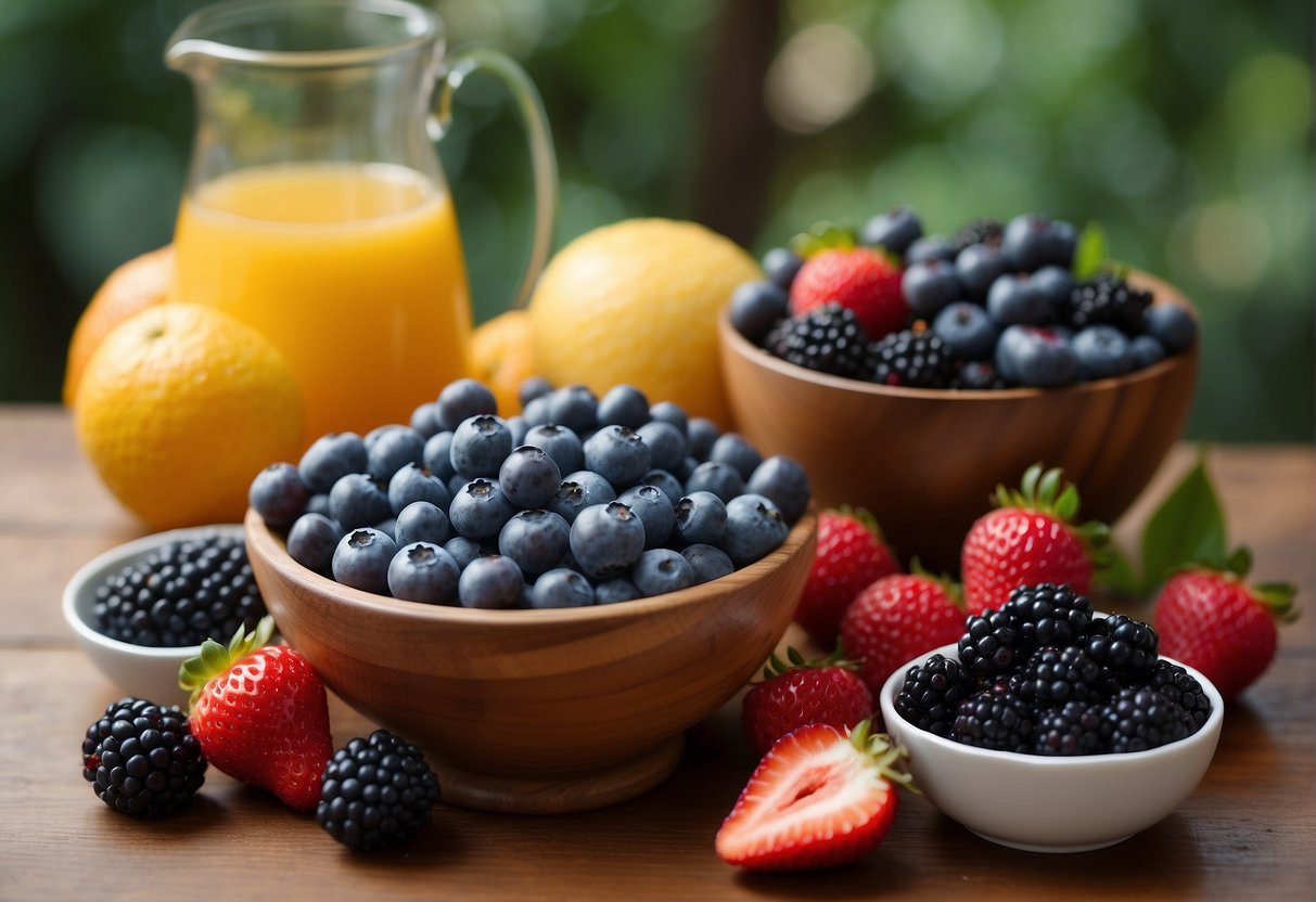 A bowl of blueberries surrounded by strawberries, raspberries, and blackberries. A cutting board displays sliced bananas and a pitcher of freshly squeezed orange juice