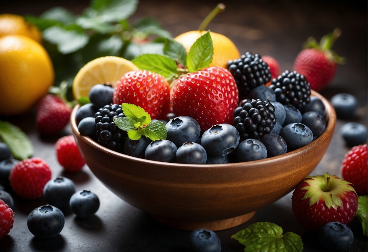 A bowl of assorted fruits, including blueberries, arranged on a table. Each fruit is labeled with its health benefits and nutritional value